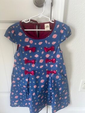 Wild Flowers Blue Space-Print Dress with Pink Bows